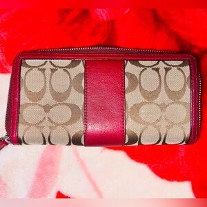 Coach F51770 Wallet Park Signature Accordion Zip Around Khaki Mahogany EUC